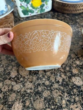 Pyrex Amber Bowl with White Floral Band